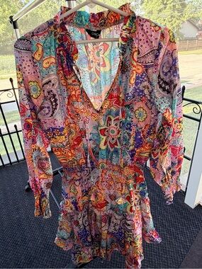 chic Multicolor Paisley Ruffle V-Neck Mini Dress
